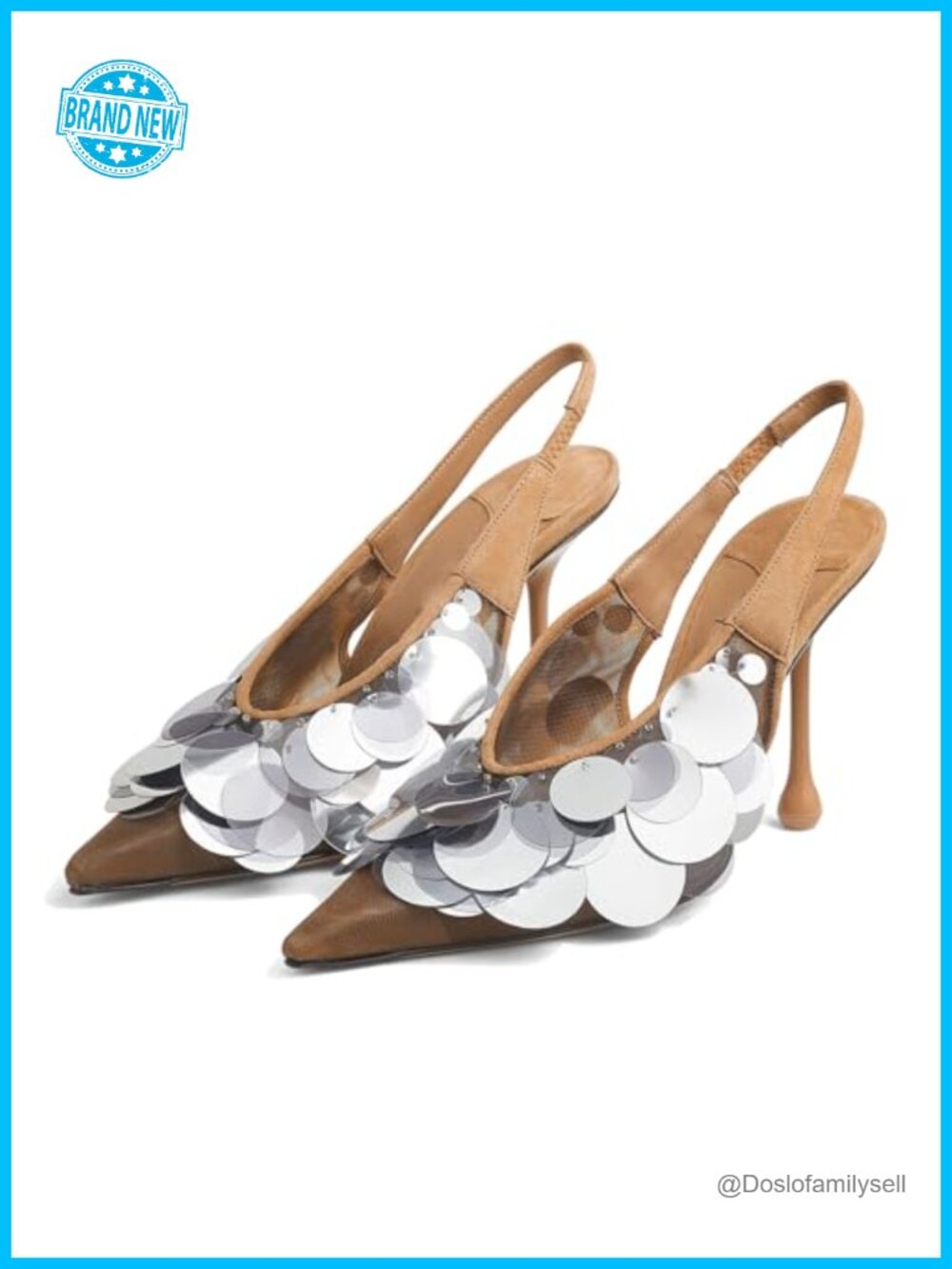 Womens Slingback Stiletto Heels Pointed Toe Sequin Embellished Mesh Pumps